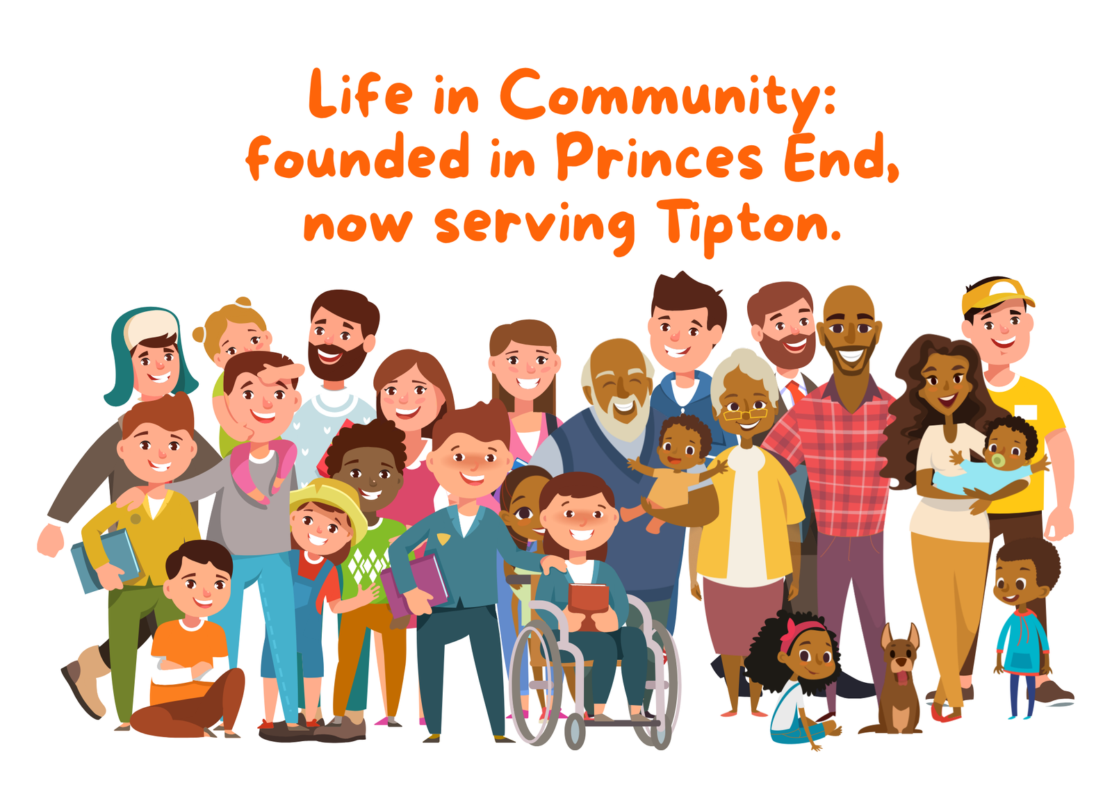 An illustration of a diverse Tipton community, founded in Princes End, now serving Tipton