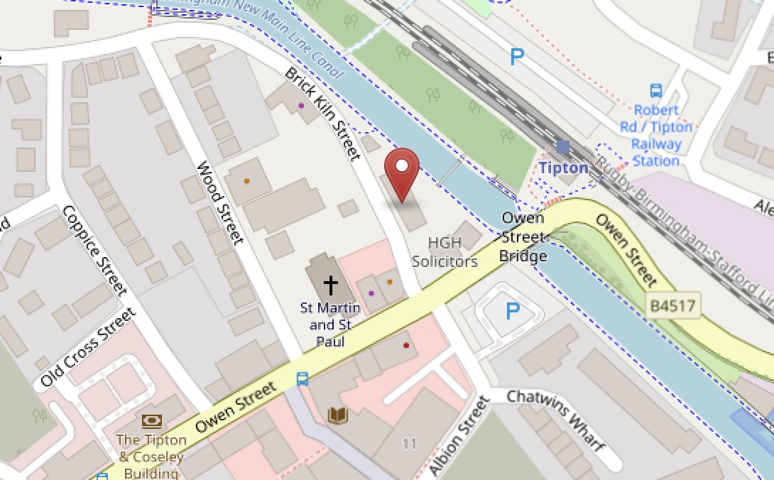 Map showing St Paul's Community Centre on Brick Kiln Street, Tipton, next to the canal and near Tipton railway station